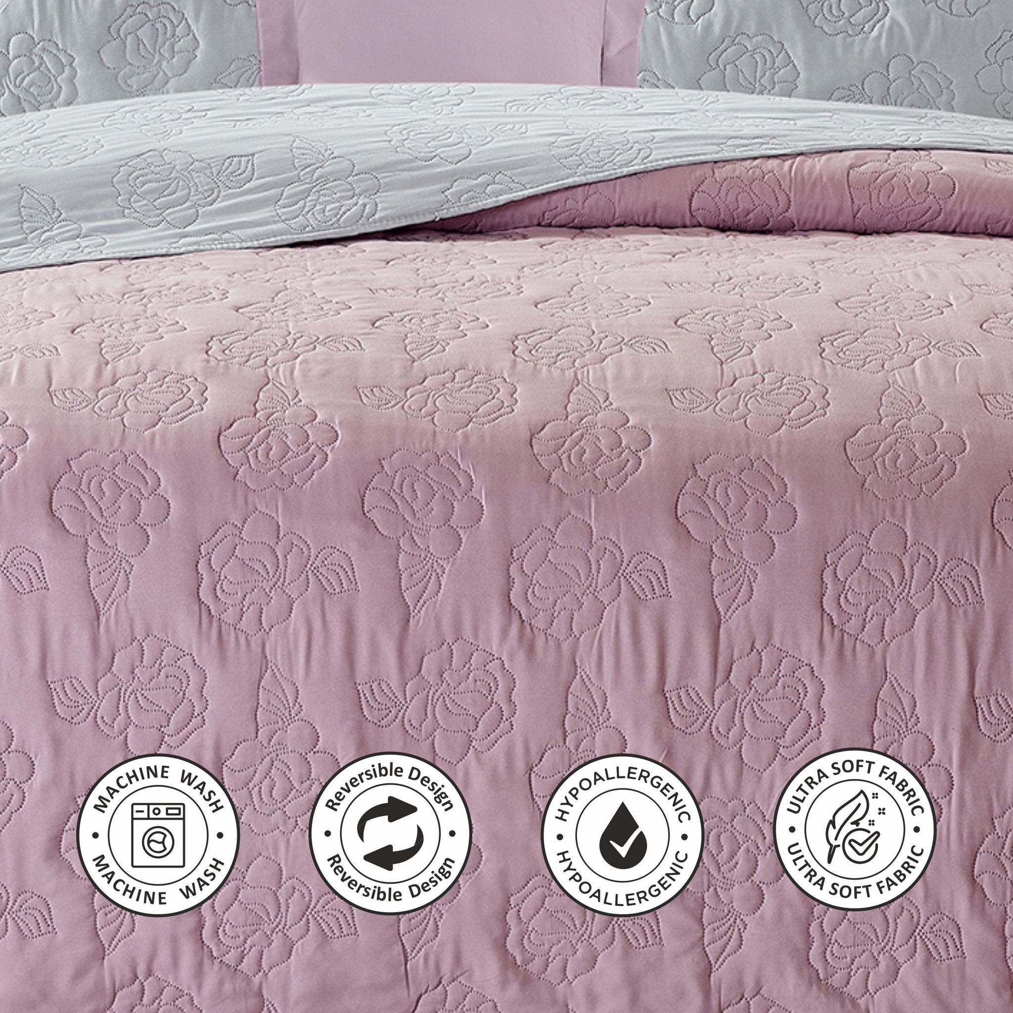 6-Piece Compressed Comforter Set Lightweight Bedspread For All Season - Microfiber Lilac & Grey  - KIng Size 260x240 Cms