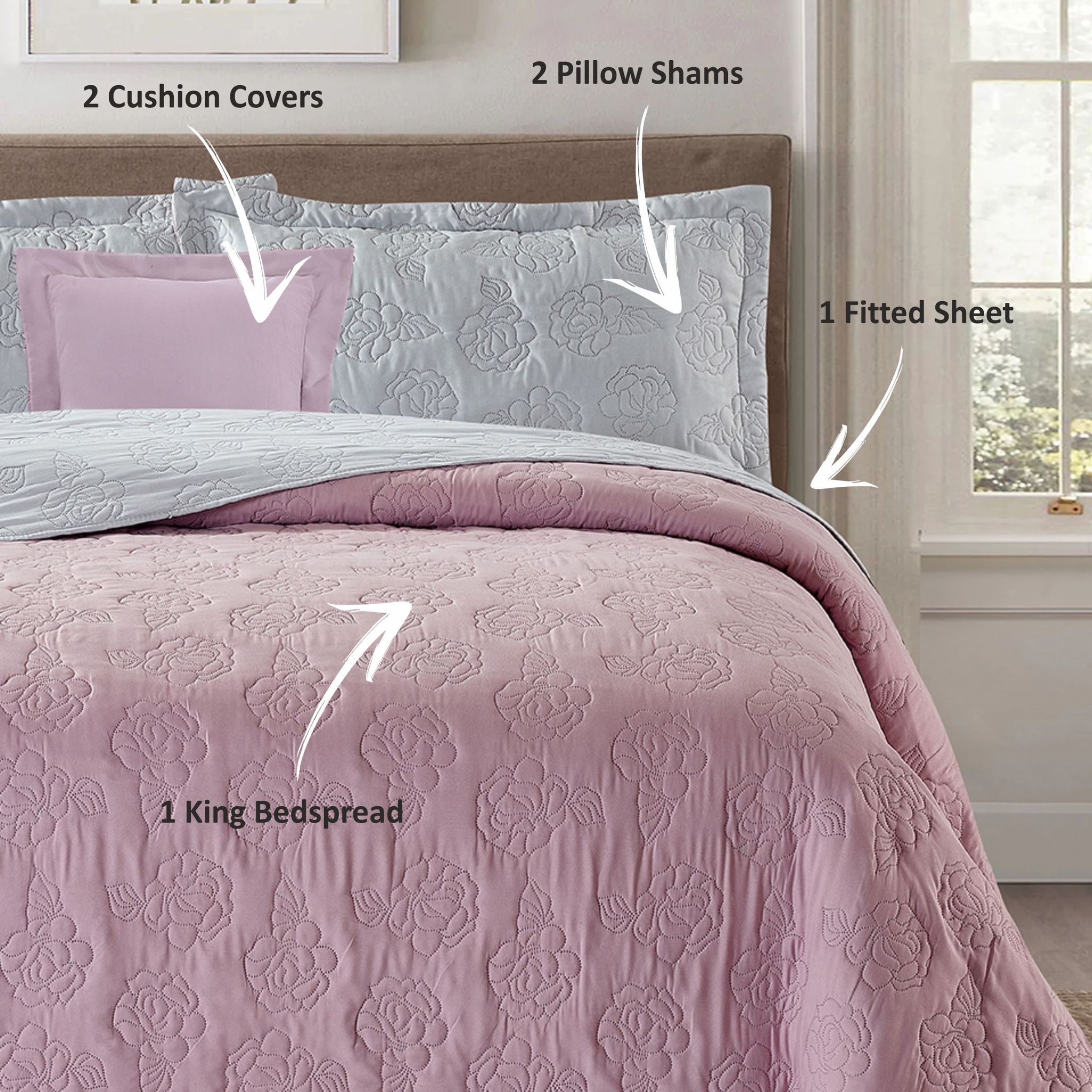 6-Piece Compressed Comforter Set Lightweight Bedspread For All Season - Microfiber Lilac & Grey  - KIng Size 260x240 Cms