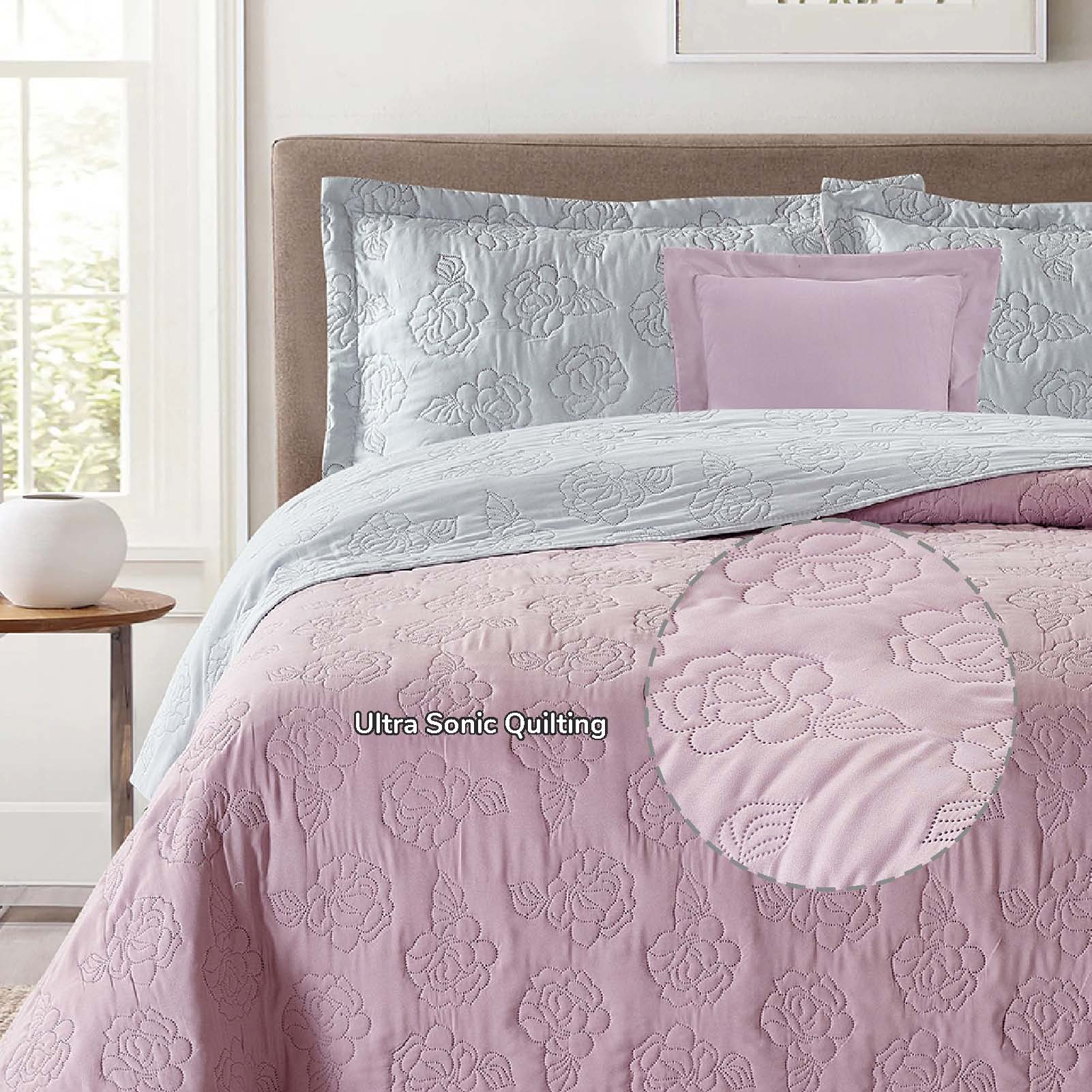 6-Piece Compressed Comforter Set Lightweight Bedspread For All Season - Microfiber Lilac & Grey  - KIng Size 260x240 Cms