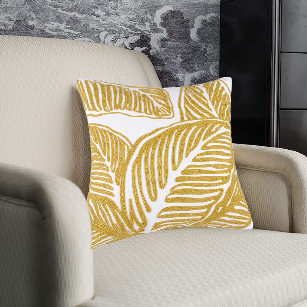 Decorative leaf Embroidered Cushion Cover yellow/White 45x45Cm (Without Filler)