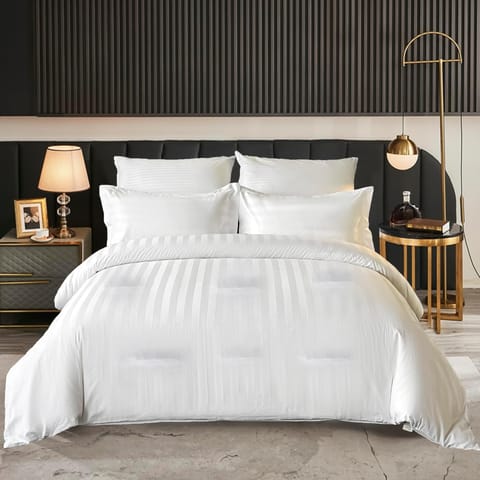 Comforter Set 6-Pcs King Size Damask Striped All Season Brushed Microfiber Double Bed Set With Down Alternative Filling,Lavender