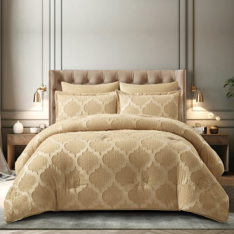 Comforter Set 4-Pcs Single Size Designer Tufted Embroidery Bed Set Fits 170x230 Cms (350 GSM) With Down Alternative Filling,Dark Beige