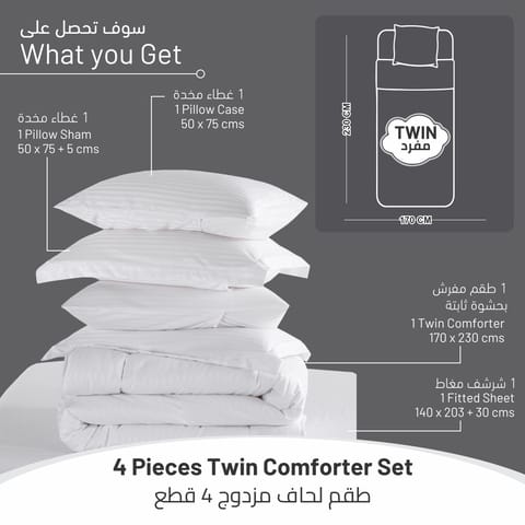 Comforter Set 4-Pcs Single Size Hotel Style With Applique Design Quilted Bedding Set ,White