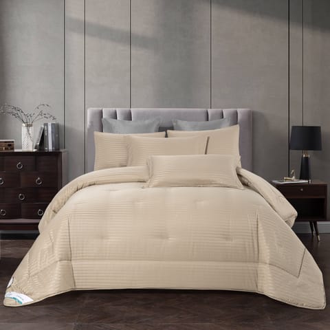 Comforter Set 6-Pcs King Size Hotel Style Thin Striped Bed Set Fits 260x240 Cms (350 GSM) With Down Alternative Filling, Beige