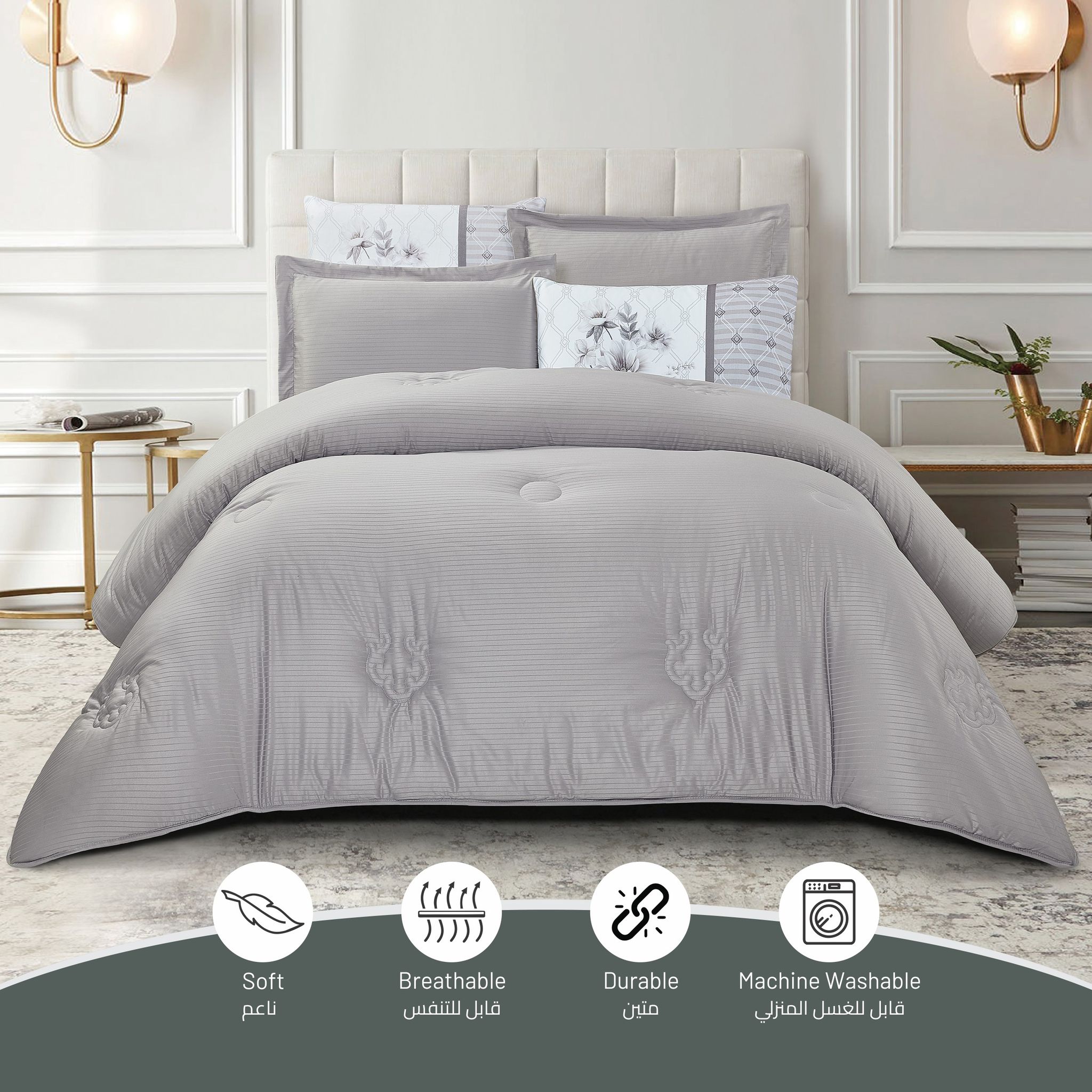 Comforter Set 4-Pcs Single Size Luxurious Solid Striped Tufted Embroidery Bed Set Fits 170x230 Cms (350 GSM) With Down Alternative Filling, Silver Grey