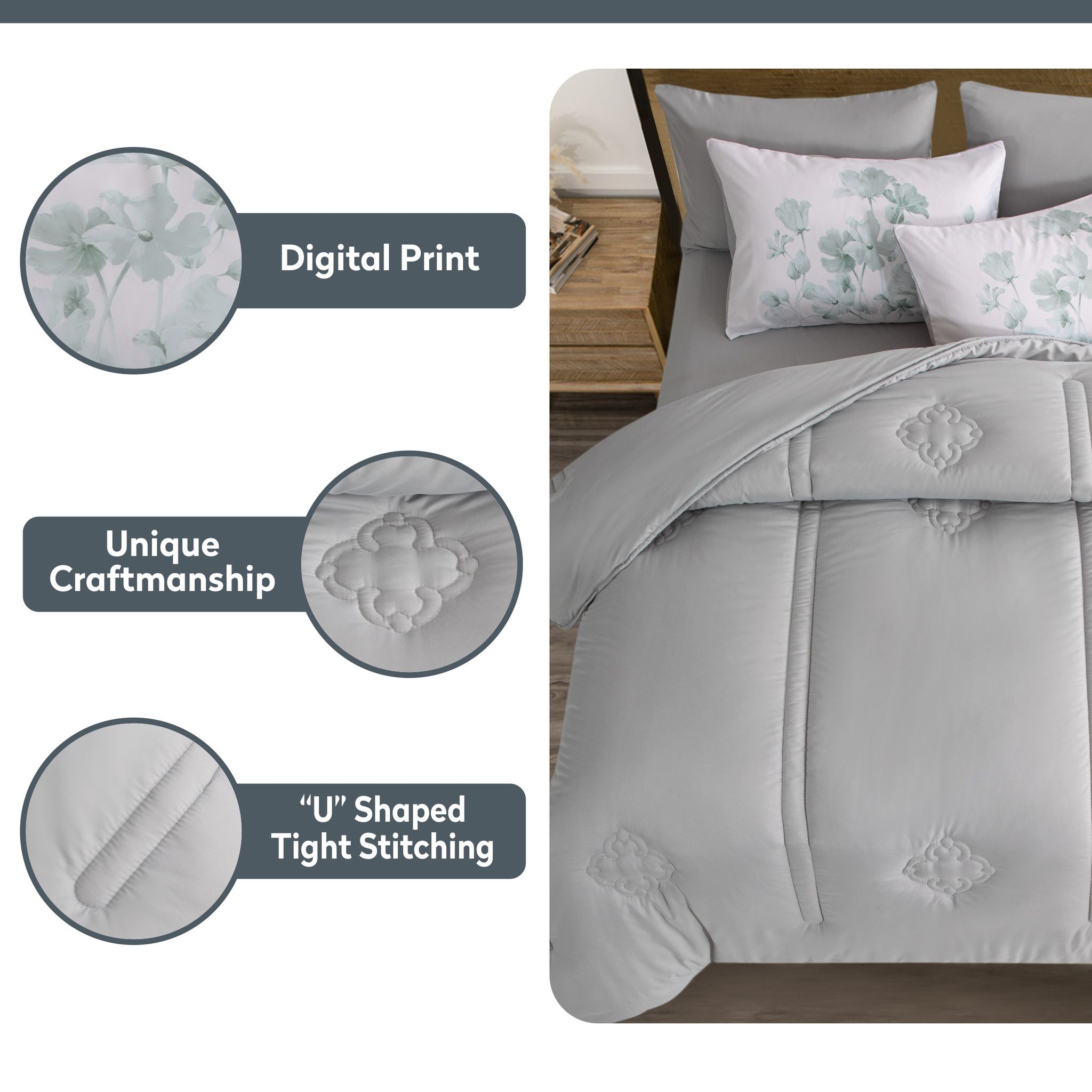 Comforter Set 4-Pcs Single Size Digital Printed Bed Set Fits 140 x 200 Cm , Grey