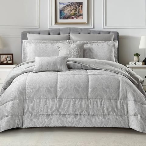 Bedding Comforter Set 8-Pcs King Size Solid  Jacquard Embroidery Bed Set FIts (260X240 CM) With 350GSM Poly Silk FIlling, Grey