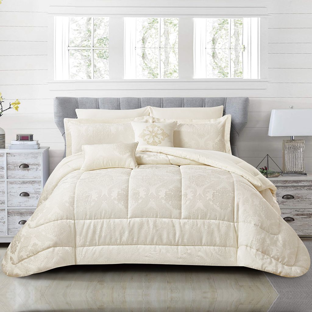 Bedding Comforter Set 8-Pcs King Size Solid Jacquard Embroidery Bed Set ,Cream