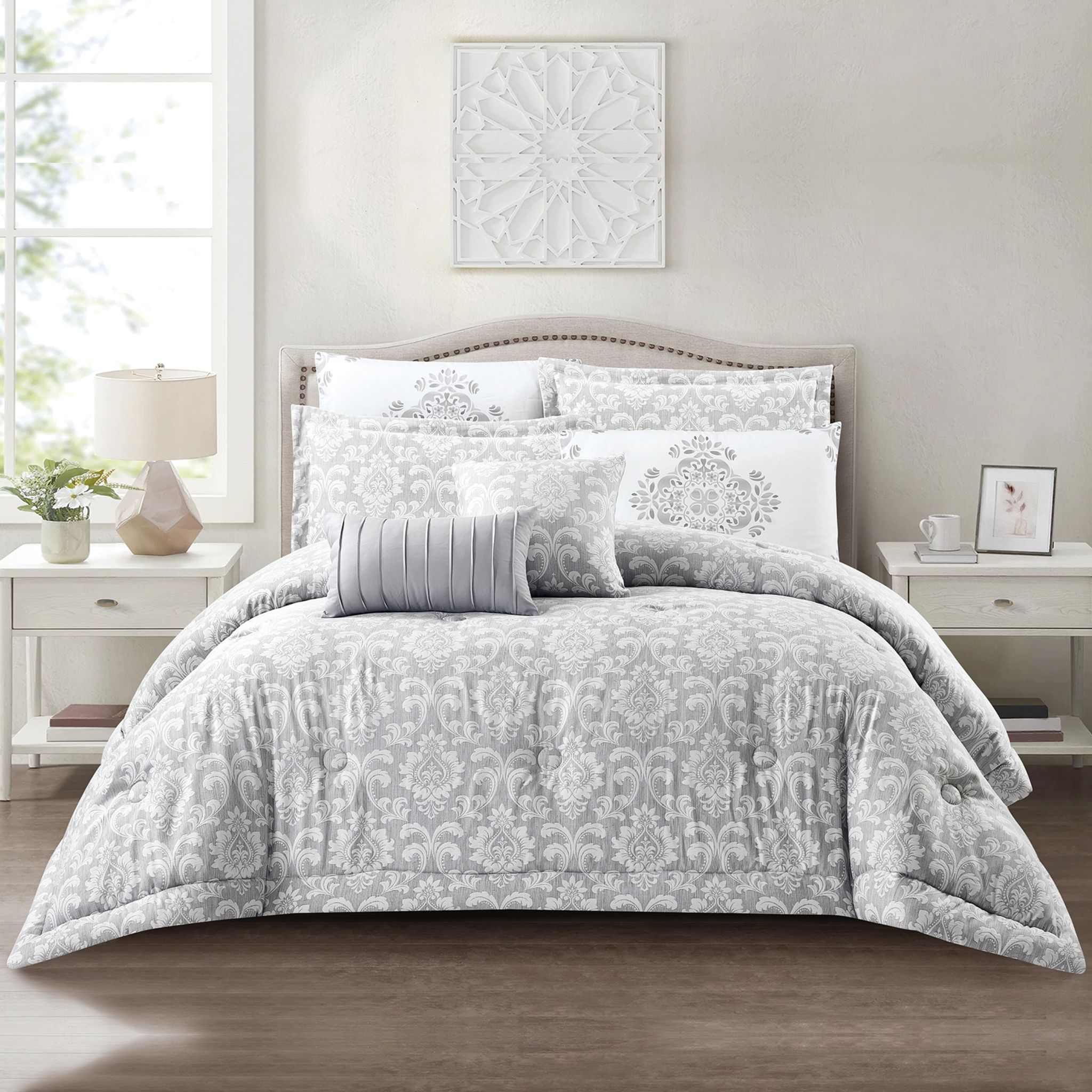 Bedding Comforter Set 8-Pcs King Size Solid Yarn Dyed Bed Set Grey