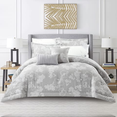 Bedding Comforter Set 8-Pcs King Size Solid Yarn Dyed Bed Set ,Cool Grey