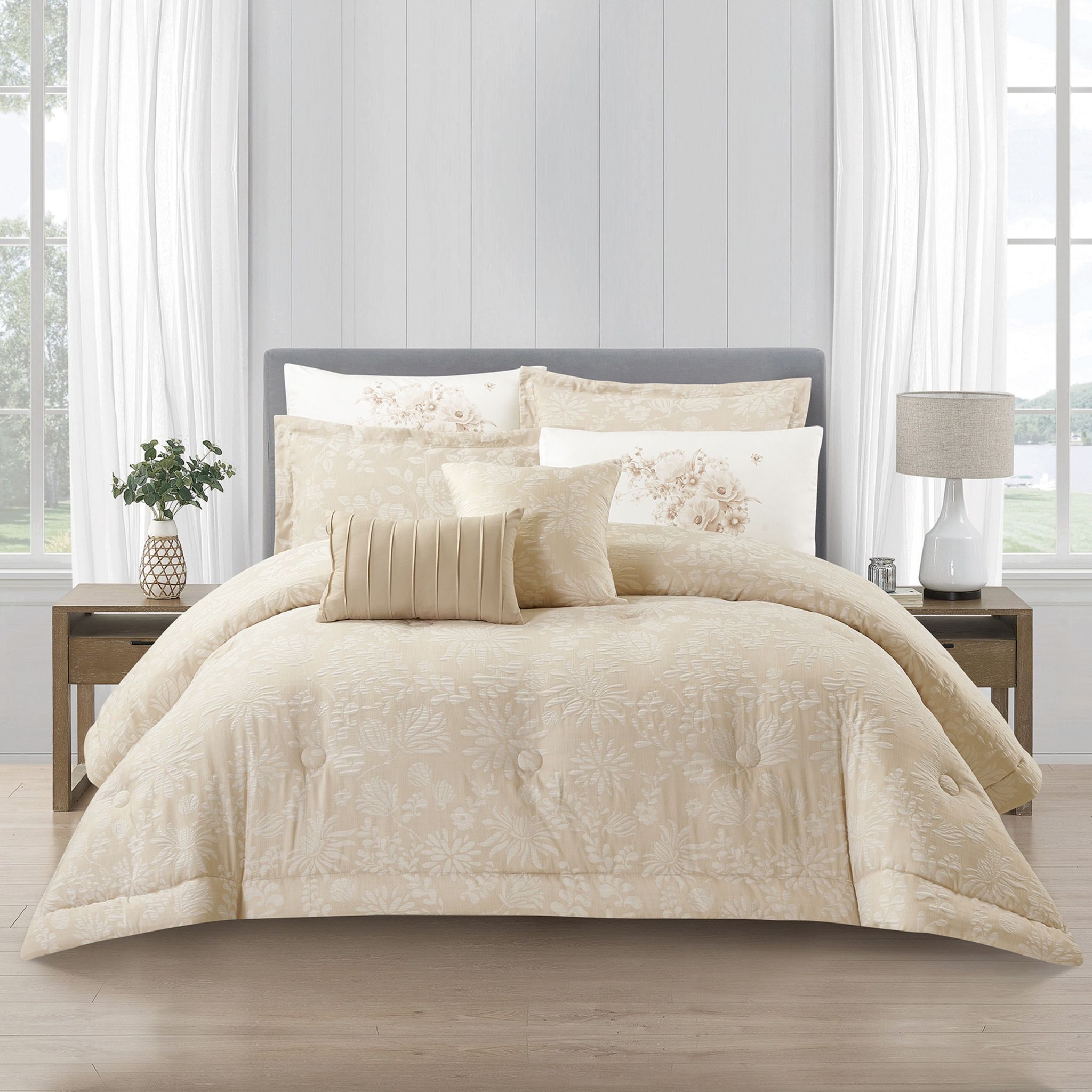 Bedding Comforter Set 8-Pcs King Size Solid Yarn Dyed Bed Set , Beige