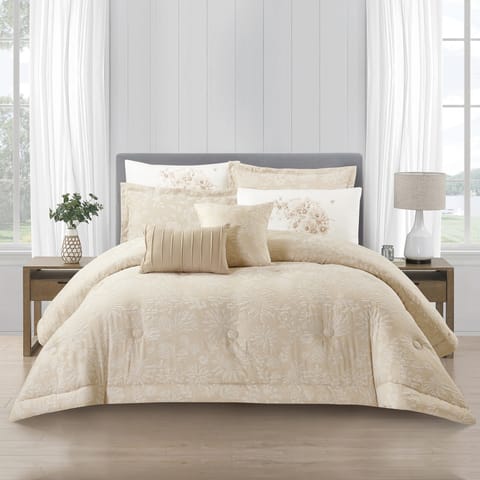Bedding Comforter Set 8-Pcs King Size Solid Yarn Dyed Bed Set , Beige