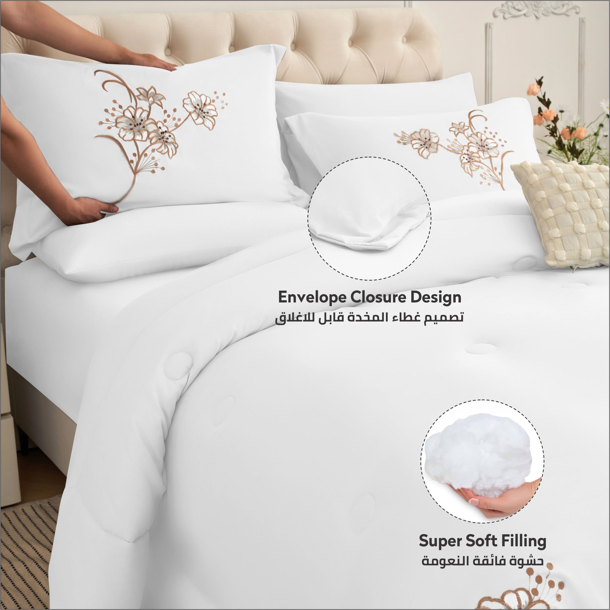 Comforter Set 4-Pcs Single Size Hotel Style With Applique Design Quilted Bedding Set ,White