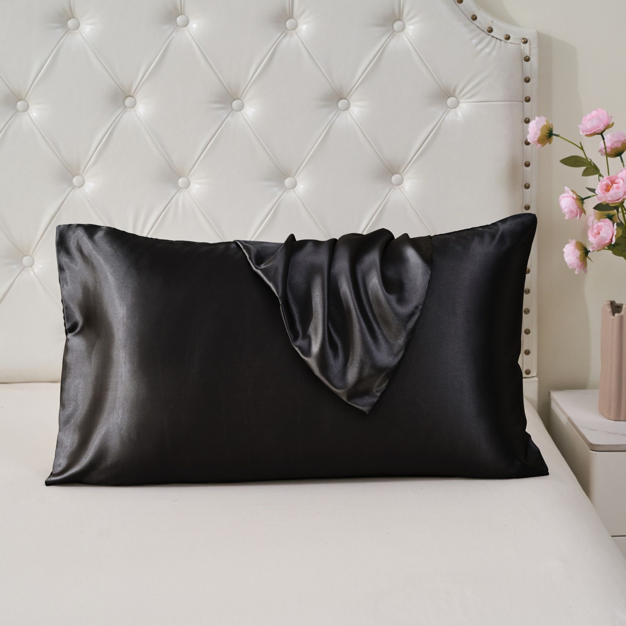 Satin Pillowcases 2-Pcs With Envelope Closure (Without Pillow Insert),Black