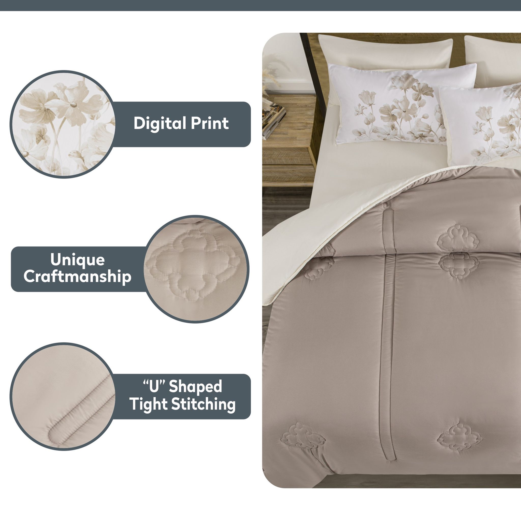 Comforter Set 4-Pcs Single Size Digital Printed Bed Set Fits 140 x 200 Cm , Beige/Off-White