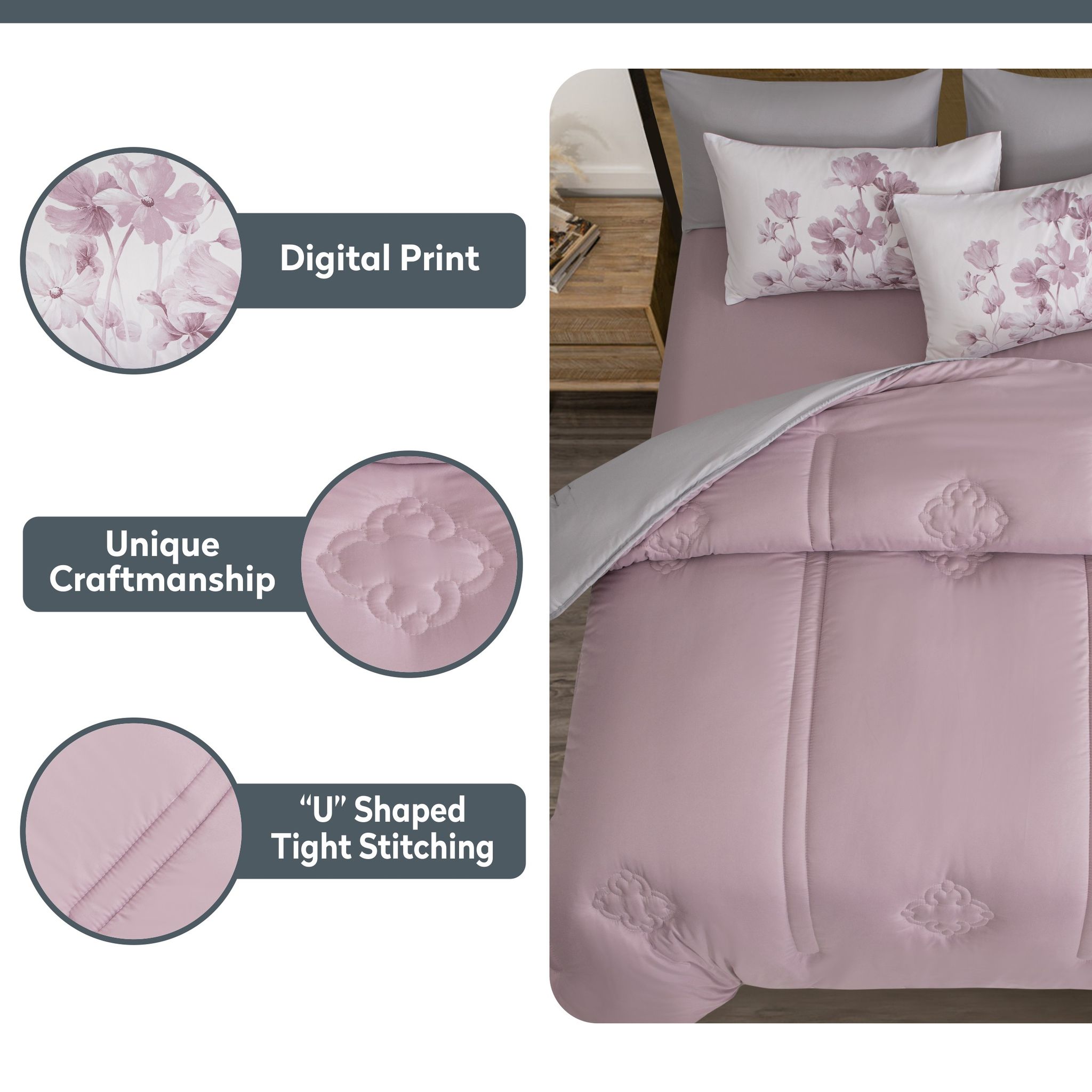 Comforter Set 4-Pcs Single Size Digital Printed Bed Set Fits 140 x 200 Cm , Lilac/Grey