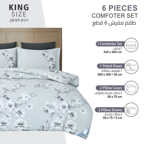 Printed Comforter Set 6-Pcs King Size With Removable Filler And Down Alternative Filling, Sea MIst