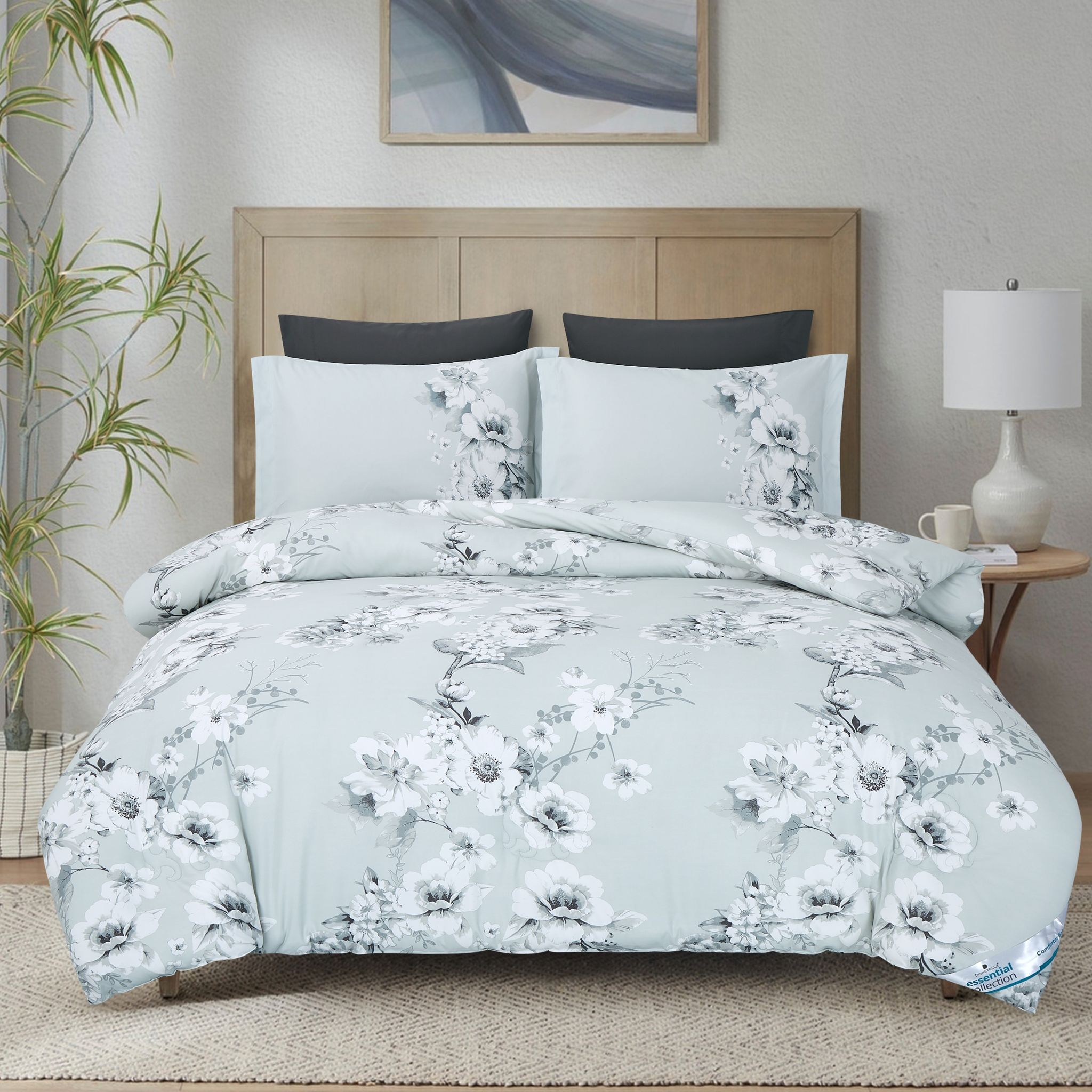 Printed Comforter Set 6-Pcs King Size With Removable Filler And Down Alternative Filling, Pastel Grey