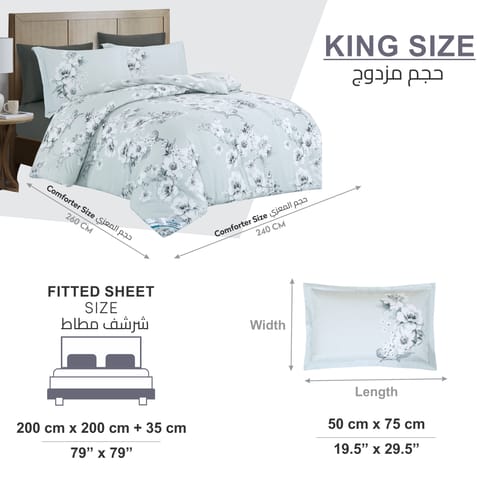 Printed Comforter Set 6-Pcs King Size With Removable Filler And Down Alternative Filling, Sea MIst