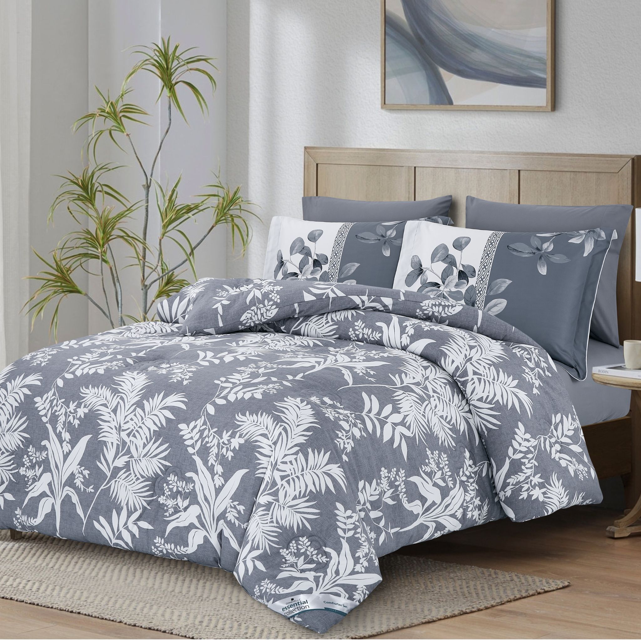 Printed Comforter Set 6-Pcs King Size With Removable Filler And Down Alternative Filling, Grey