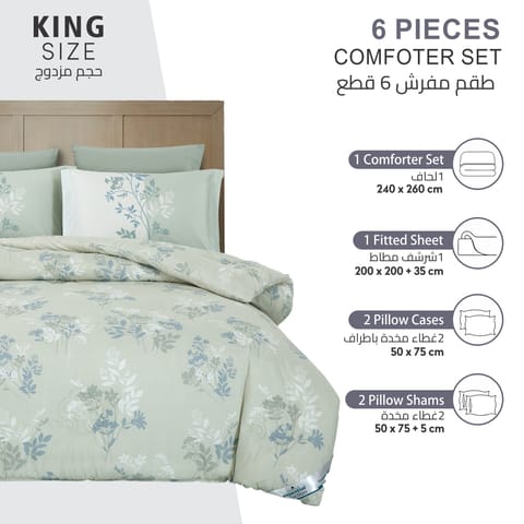 Printed Comforter Set 6-Pcs King Size With Removable Filler And Down Alternative Filling, Grey