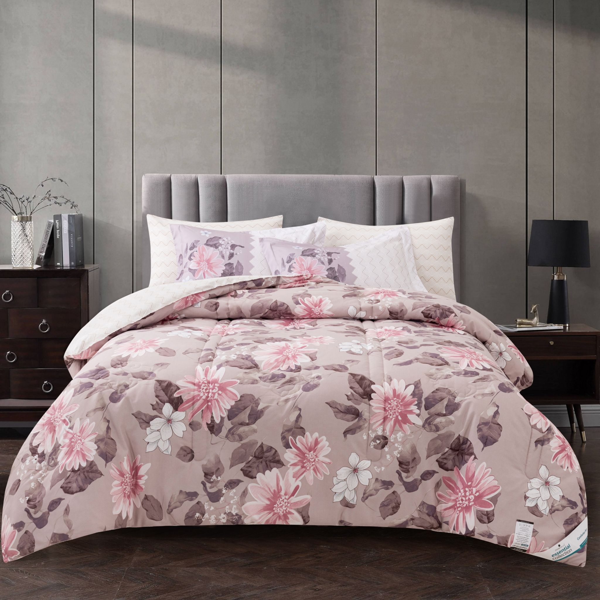 Printed Comforter Set 4-Pcs Single Size Reversible Single Bed Comforter Set With Super-Soft Down Alterntaive Filing,Pinkish Grey