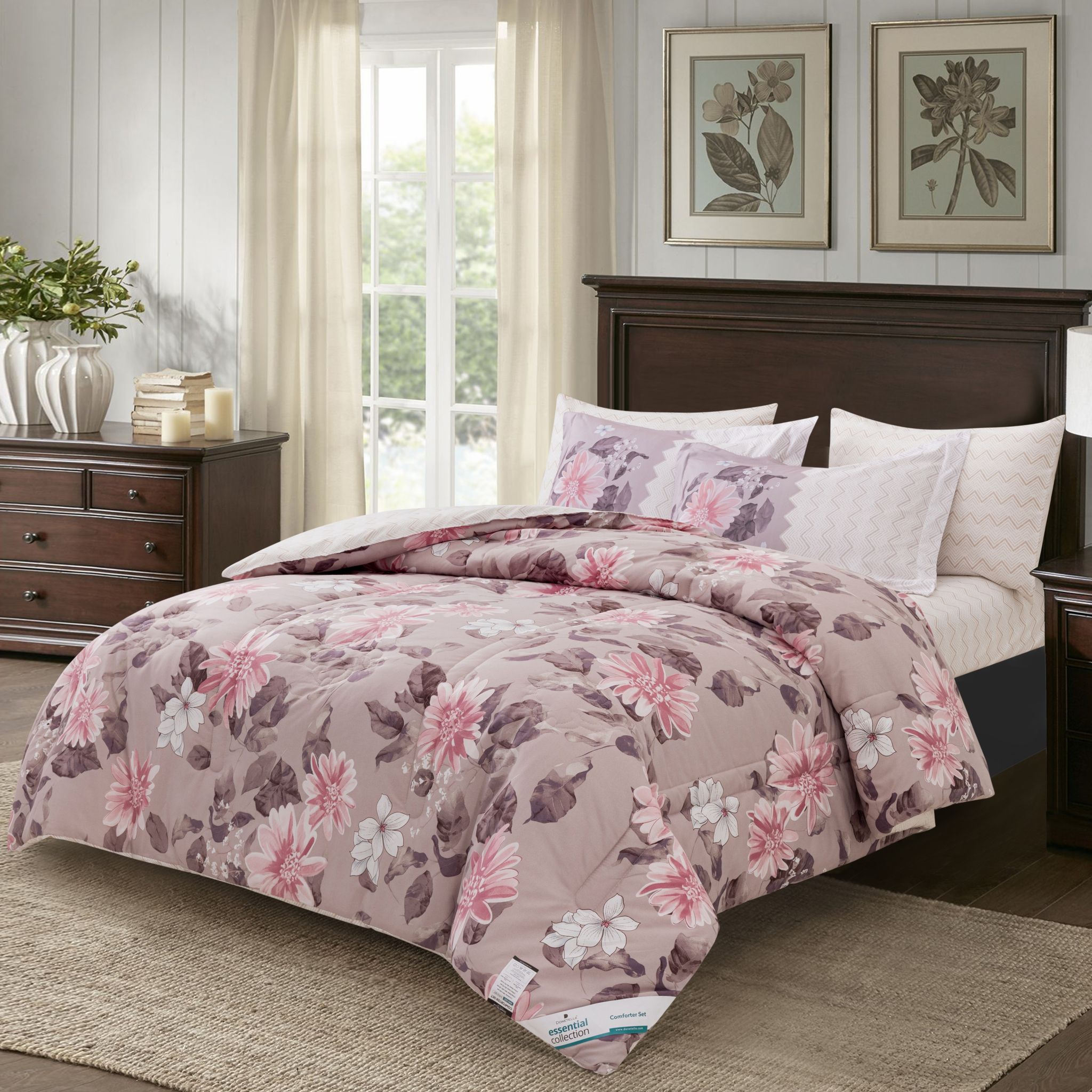 Printed Comforter Set 4-Pcs Single Size Reversible Single Bed Comforter Set With Super-Soft Down Alterntaive Filing,Pinkish Grey