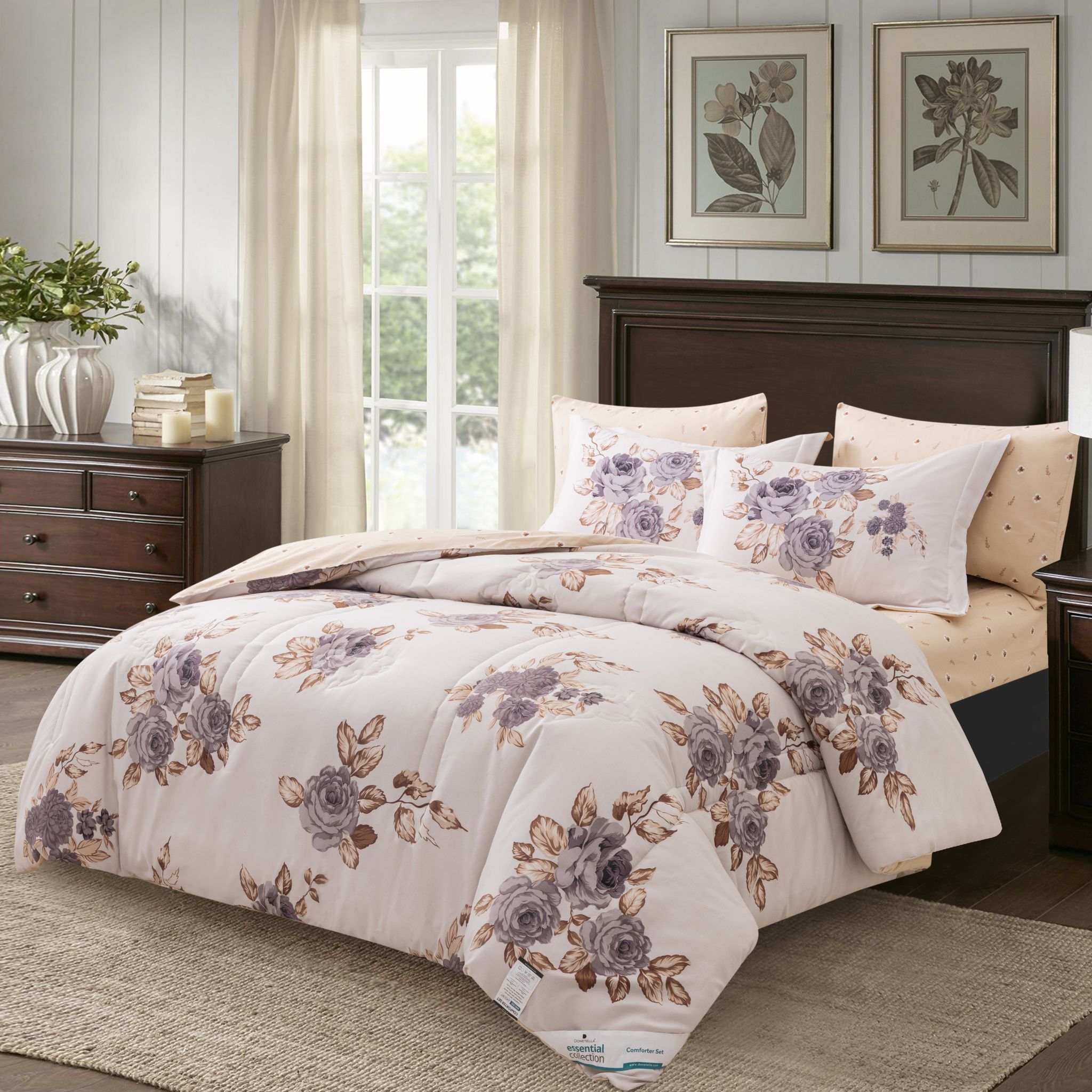 Printed Comforter Set 4-Pcs Single Size Reversible Single Bed Comforter Set With Super-Soft Down Alterntaive Filing,Soft Peach